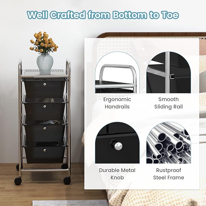 COSTWAY Rolling Storage Cart with 4 Drawers, Plastic Storage Cart and Organizer w/ 4 Removable Drawers, Multipurpose Organizer Cart for Home Scrapbook Paper Office School Tools (Black)