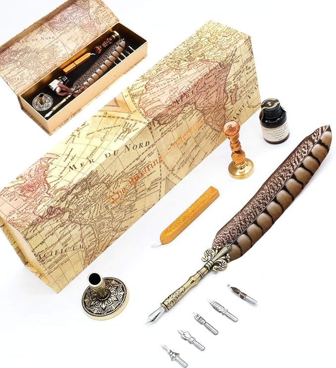 GC QUILL Antique Quill Pen Unique Half-Patterned Feather Pen Set with 6 Nibs 1 Bottle of Ink 1 Seal Stamp 1 Pen Holder 1 Sealing Wax LL-149