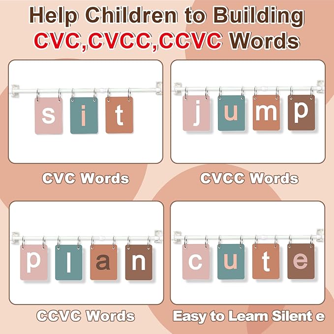 Boho CVC Word Builder with 117 ABC Alphabet Flash Cards Phonics, Adjustable CVCC & CCVC Flip Charts with Holder Spelling Game Bulletin Board Letters for Home Wall Decor Supplies