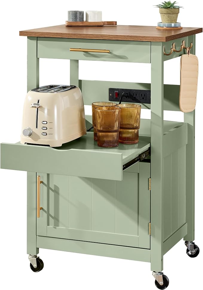 Best Choice Products Rolling Kitchen Island Cart, Single Door Cabinet W/Drawer, Sliding Tray, Outlet, Swivel Lockable Wheels, Hooks, Coffee Cart, Microwave Stand, for Dining Room - Pistachio Green