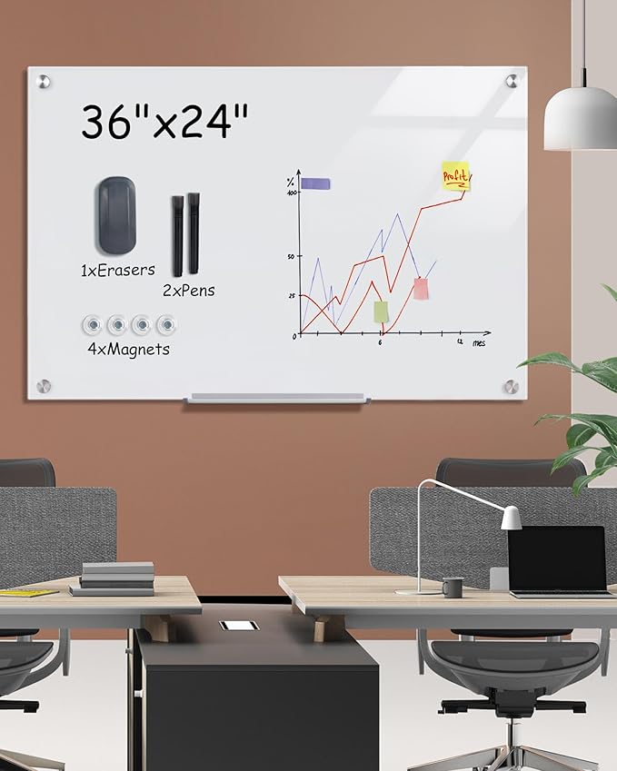 Mifuro Magnetic Glass Whiteboard，36"x24" Wall Mounted Frameless Dry Erase Board for Office, Home & School Ultra White