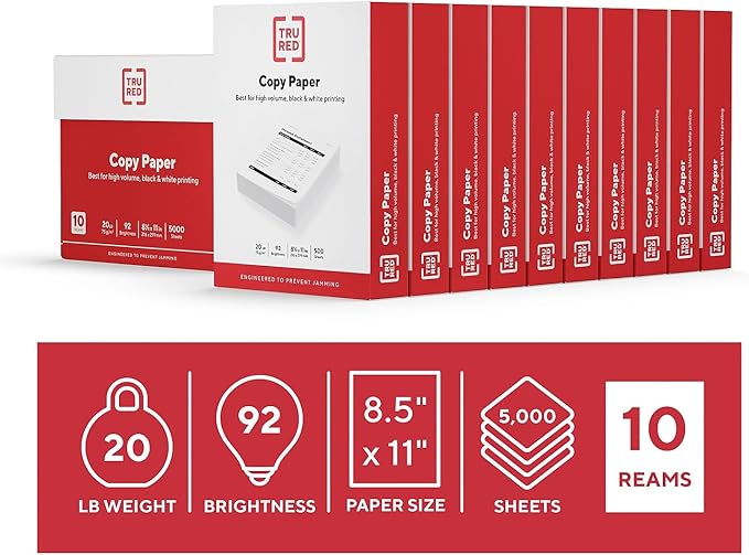 TRU RED Copy Paper 8.5x11 Inch, 20lb Weight, 92 Brightness, 5000 Sheets (10 Reams), Multipurpose White Printer Paper for Laser, Inkjet & Copier