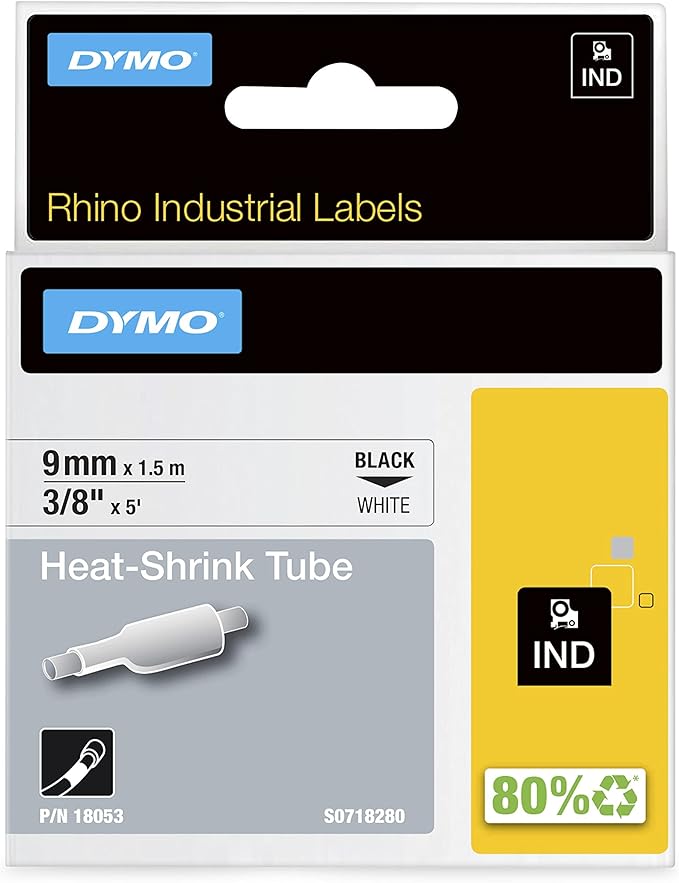 DYMO Rhino Industrial Heat-Shrink Labels 3/8" Tube Black Print on White