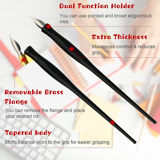 Zonon 2 Sets Oblique Calligraphy Dip Pen Set Include 2-in-1 Calligraphy Oblique Pen or Straight Holder with 8 Pcs Replacement Nibs