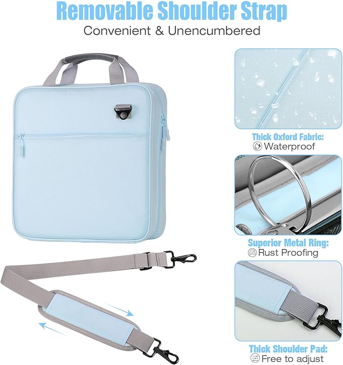 MoKo Zipper Binder, 2 Inch 3 Ring Binder with 500 Sheets Capacity & Shoulder Strap & Handle, Multi-Pocket Zipper Organizer for Middle School, Blue & Gray