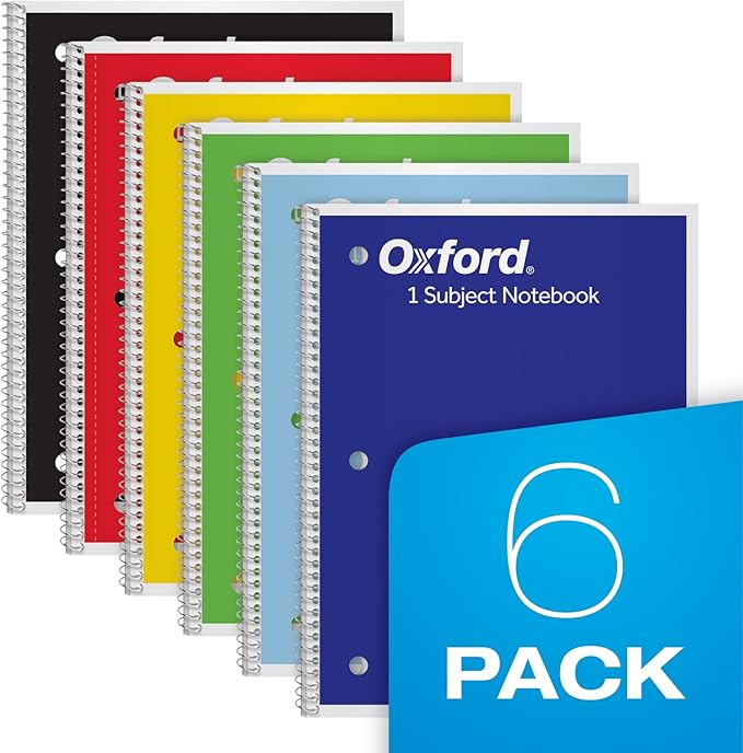 Oxford Spiral Notebooks,1 Subject,Wide Ruled Notebooks for School,8 x 10.5 Inches,70 Sheets,Assorted Colors,Back to School Supplies (65010),6 Count (Pack of 4)
