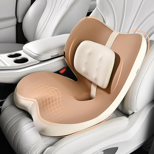 FLORICH 2 in1 Truck Seat Cushion and Lumbar Support Pillow Memory Foam Car Seat Cushion with Adjustable Strap for Truck Driver Long Drives, Fits Semi Truck Seat,Car,Office&Gaming Chair(Brown)