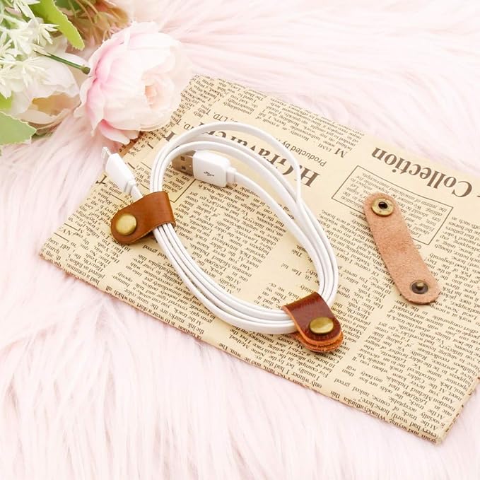 10 Pcs Cord Organizer, Stocking Stuffers for Men Portable Earphone Cord Holder Winder Keeper, Leather Cable Cord USB Straps, Leather Handmade (Light Brown)