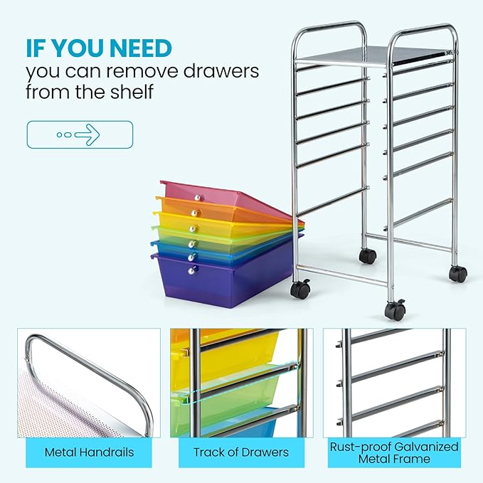 COSTWAY 6-Drawer Rolling Storage Cart, Multifunctional Art Craft Tools Organizer on Wheels, Heavy Duty Utility Mobile Storage Trolley w/ 2 Lockable Wheels for Home Office School (Rainbow)