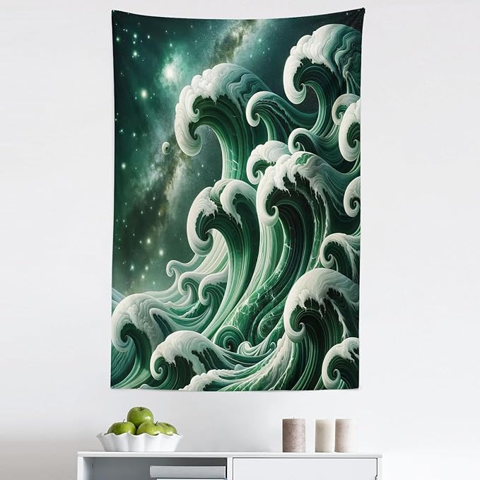 Ambesonne Green Tapestry, Bold Marble Print Ocean Waves with a Realistic Galaxy Space Starry Sky Illustration, Fabric Wall Hanging Decor for Bedroom Living Room Dorm, 30" X 45", Dark Teal