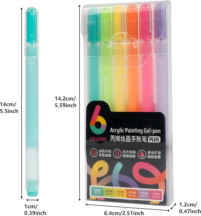 Smilo 3D Acrylic Gel Pens, 6 Color Opaque Paint Pens for Black Paper Rock Fabric Glass, No-Smear Quick-Dry Ink, 1.0 mm Fine Tip for Raised Lines & DIY Crafts, Journaling, Card Making