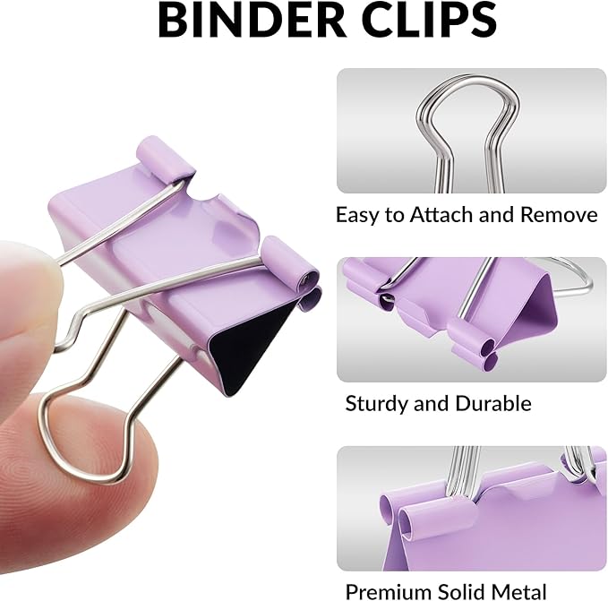 NEEWAY 100 Count Binder Clips Assorted Sizes, Paper Binder Clips (0.6inch 0.75inch 1inch), Metal Paper Clamps for Office and Home (Purple)