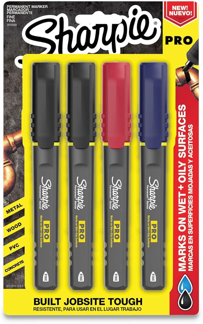 Sharpie Pro Permanent Markers, Fine Point, Assorted Colors, 4 Count - Built Jobsite Tough, Durable, Rugged, Anti-Roll
