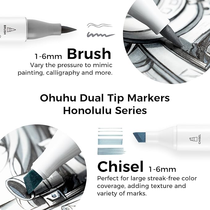 Ohuhu Grayscale Alcohol Markers Brush Tip- Double Tipped Alcohol Based Art Marker Set for Artist Adults Coloring Illustration Shading Layering- 36 Grey-tone Colors- Chisel& Brush- Honolulu- Refillable