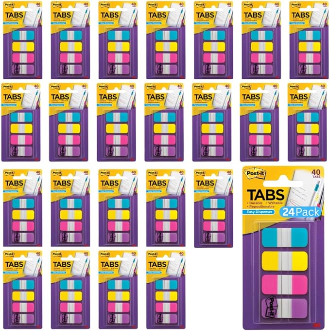 Post-it Tabs, .625 in Solid, Aqua, Yellow, Pink, Violet, 10/Color, 40/Dispenser (676-AYPV) (24 Pack)