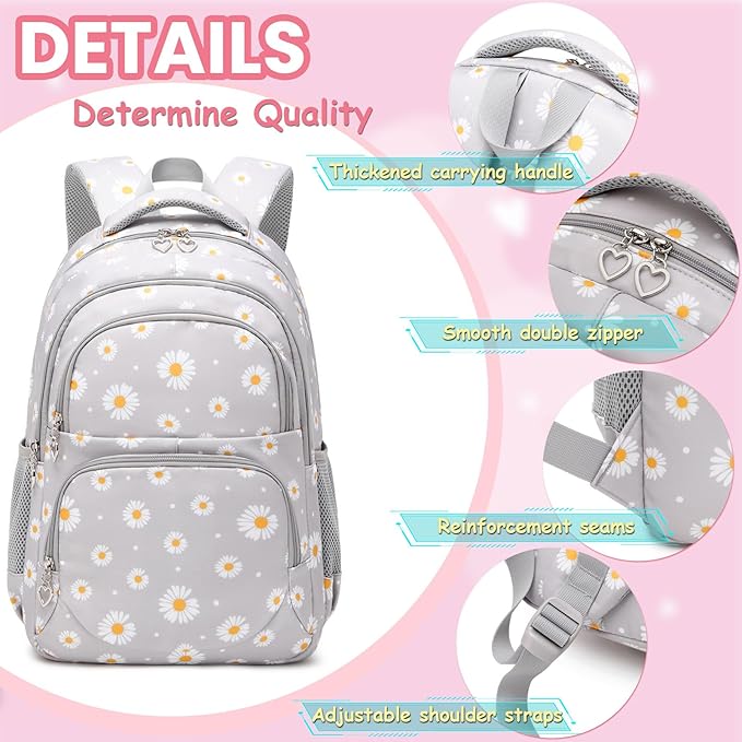 YJMKOI 3Pcs Daisy Prints Backpack for Girls Middle-School Elementary Students Bookbag Set with Lunch Box (Green)