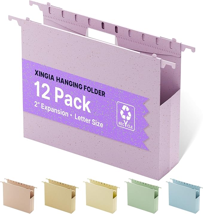 XINGIA Letter Size Hanging File Folders with Tabs,2'' Expansion,12 Pack Heavy Duty Wheat Straw Plastic Hanging Folder,Extra Capacity Filing Cabinet Folders,File Organizer for File Box(Morandi Purple)