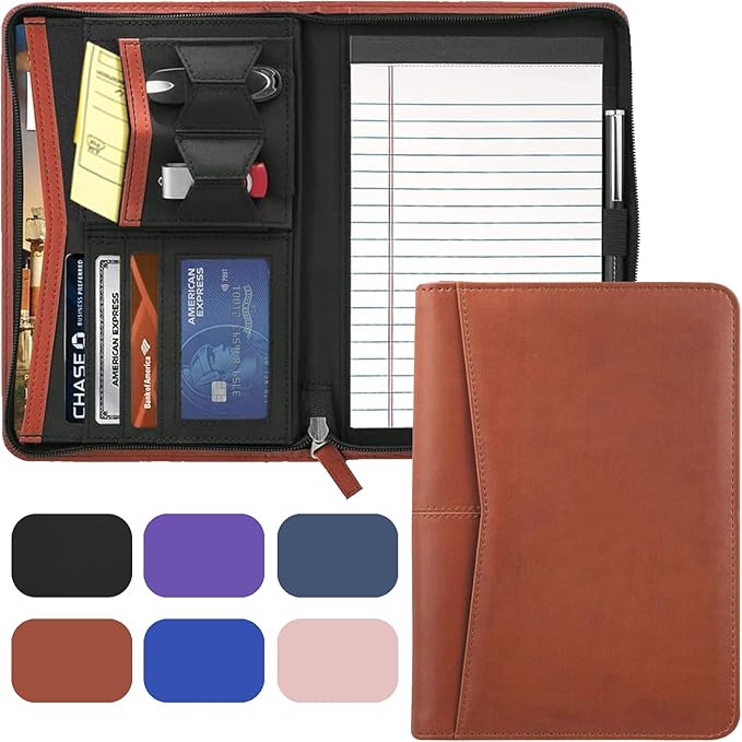 Small Portfolio Organizer, A5 Zippered Business Portfolio, Junior Padfolio Folder Binder for Women & Men,5 x 8 Writing Pad Included, Brown