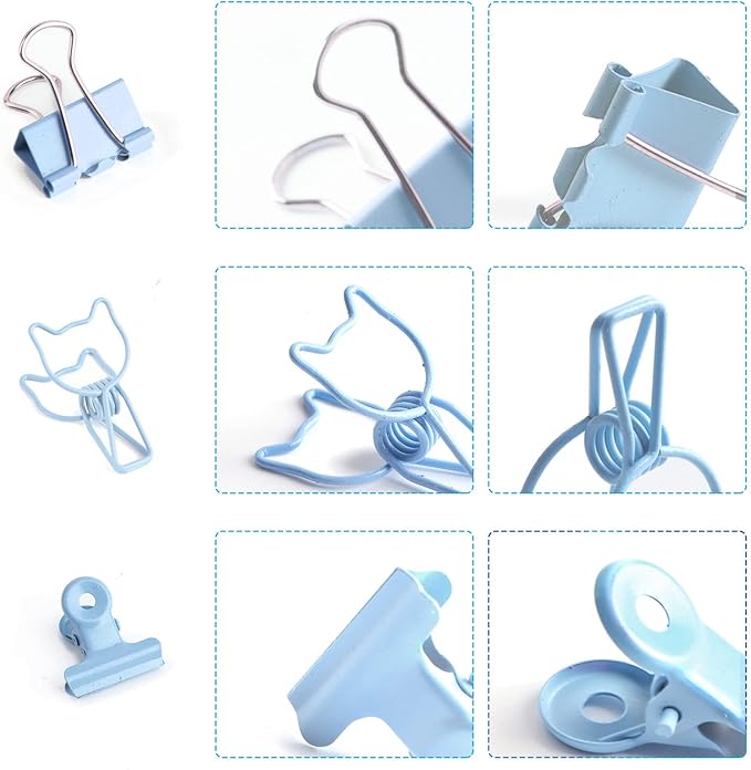 Blue Paper Clips and Binder Clips Set, Metal Assorted Sized Binders with Push Pins, Cute Office Supplies for Desk, Desk Accessories