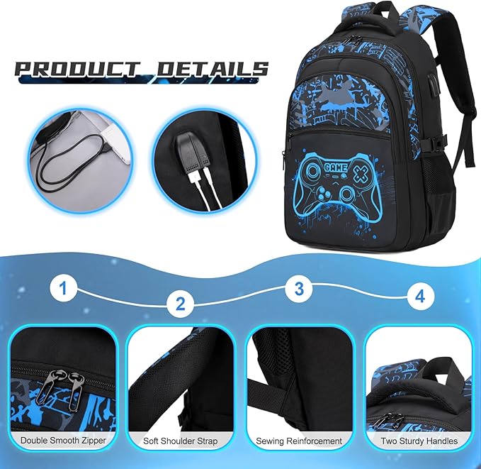 Boys Backpack for School, 3PCS Cool Luminous Gamer Backpack for Boys with Lunch Box Pencil Case, Kids Backpacks Bookbag for Teen Boy Elementary Middle High School with USB Charging Port