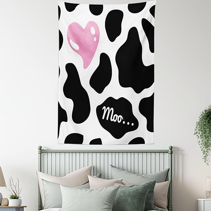 Ambesonne Cow Print Tapestry, Camouflage Hide Skin Pattern in Pastel Color Shades Heart Shape Moo, Wall Hanging for Bedroom Living Room Dorm Decor, 40" X 60", Pink Black White