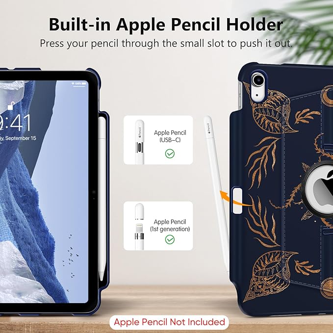 Fintie Rotating Case for iPad (A16) 11th Generation 11 Inch (2025), iPad 10th Generation 10.9 Inch (2022) - [Built-in Pencil Holder] 360 Degree Rotating Protective Stand Cover, Sea Conch