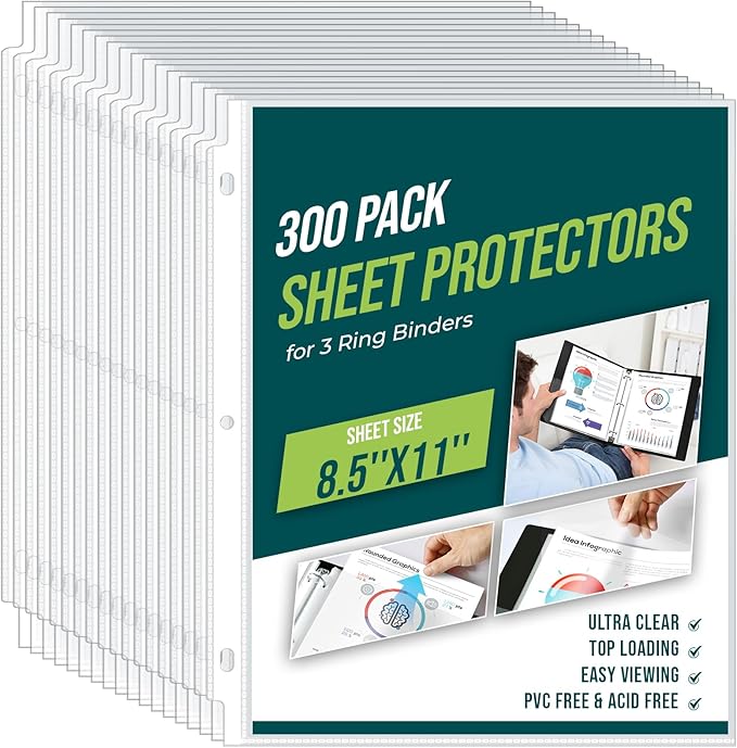 Sheet Protectors 8.5 x11 Inch Clear Page Protectors for 3 Ring Binder,300 Pack Plastic Sleeves for Paper,Documents and Photos,Top Loading Binder Sleeves Paper Protector Letter Size