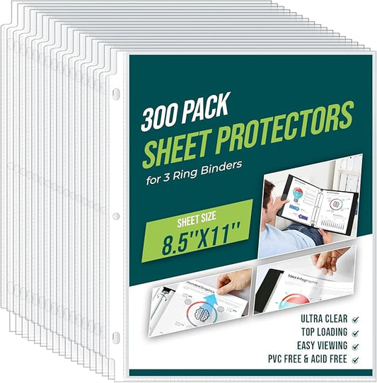 Sheet Protectors 8.5 x11 Inch Clear Page Protectors for 3 Ring Binder,300 Pack Plastic Sleeves for Paper,Documents and Photos,Top Loading Binder Sleeves Paper Protector Letter Size