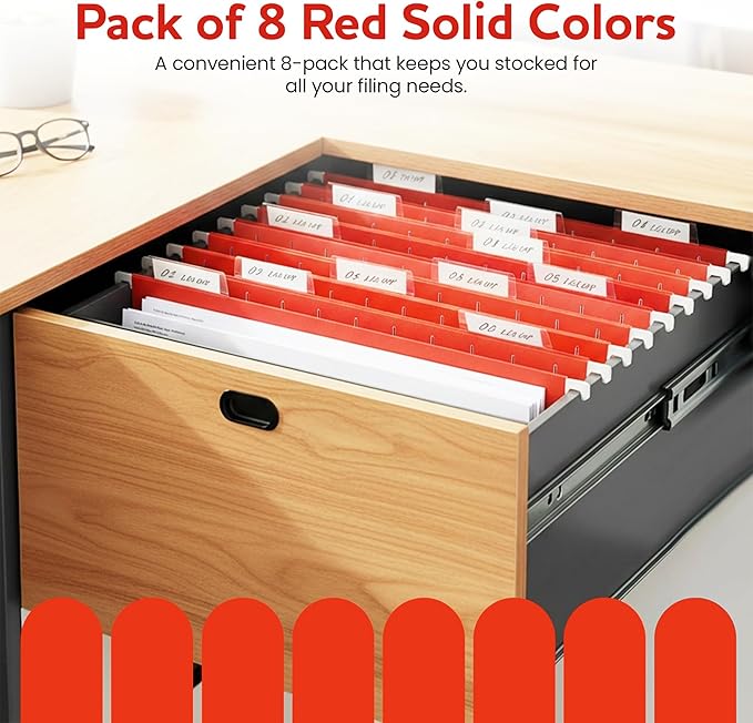 Red Hanging File Folders – 8 Pack, Letter Size File Organization Folders for Home, Office, School & Filing Cabinets