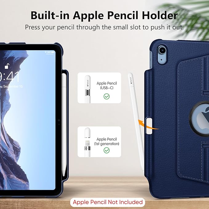 Fintie Rotating Case for iPad (A16) 11th Generation 11 Inch (2025), iPad 10th Generation 10.9 Inch (2022) - [Built-in Pencil Holder] 360 Degree Rotating Protective Stand Cover, Navy