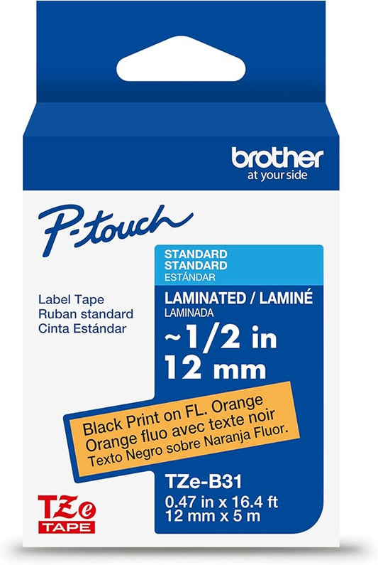 Brother Genuine P-Touch TZe Black Print on Fluorescent Orange Label Tape (TZeB31), Laminated,1/2in x 16.4ft (12mm x 5m), for Select P-Touch Label Makers, Durable, Water-Resistant, Indoor/Outdoor Use