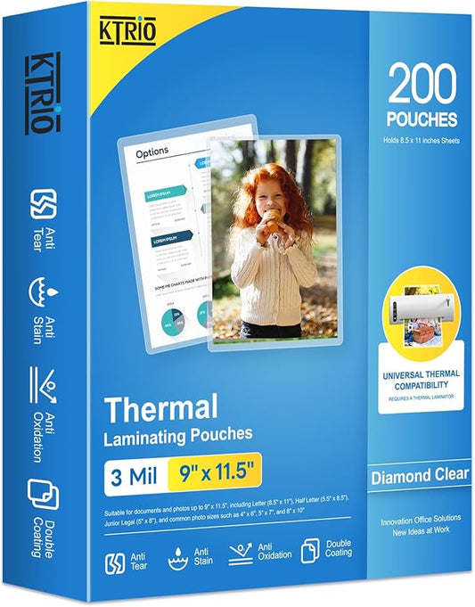 KTRIO 200 Pack Laminating Sheets, Hold 8.5 x 11 Inches, 3 Mil Thermal Laminating Pouches, 9 x 11.5 Laminate Sheets for Laminator, Clear Lamination Sheet Paper, Letter Size, Office School Home Supplies