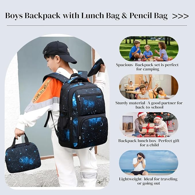 MITOWERMI Boys Backpacks for Primary Junior School Kids Backpack with Lunch Box Galaxy Space Bookbags for Boys Girls
