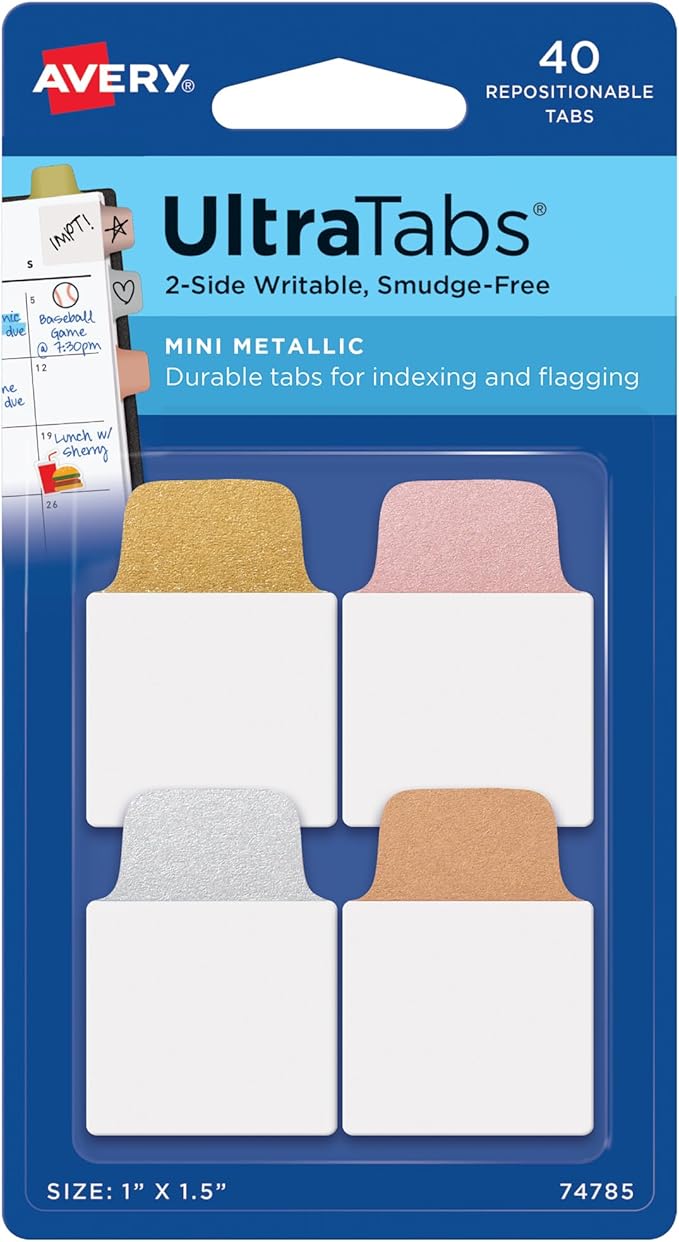 Avery Mini Ultra Tabs, 1" x 1.5", 2-Side Writable, Assorted Metallic Colors, 40 Repositionable Tabs (74785)