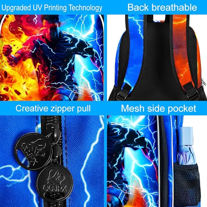 gxtvo 3PCS Soccer Backpack for Kids, 17" Boys School Bookbag with Lunch Box, Water Resistant Lightning Bag Middle Elementary - Fire & Lightning Soccer Player