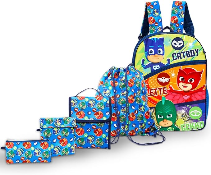Disney PJ Masks School Backpack with Lunch Box for Kids - 5 Pc Bundle with 16" Backpack, Cinch Bag, Lunch Bag, Pencil Holder, Stickers, More | PJ Masks School Bag Set