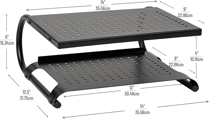 Mind Reader Monitor Stand, Ventilated Laptop Riser, Desktop Organizer, Storage, Office, Metal, 14"L x 12.5"W x 6"H, Black