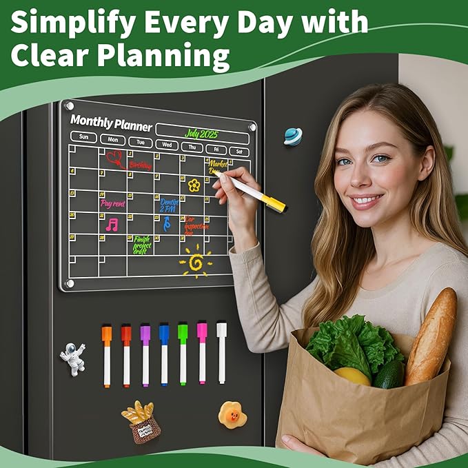 FINDMAG Acrylic Magnetic Dry Erase Board Refrigerator Calendar, Calendar Whiteboard for Wall, Set of 3 Transparent Magnetic Dry Erase Board for Monthly Weekly Daily Menu Planner Whiteboard