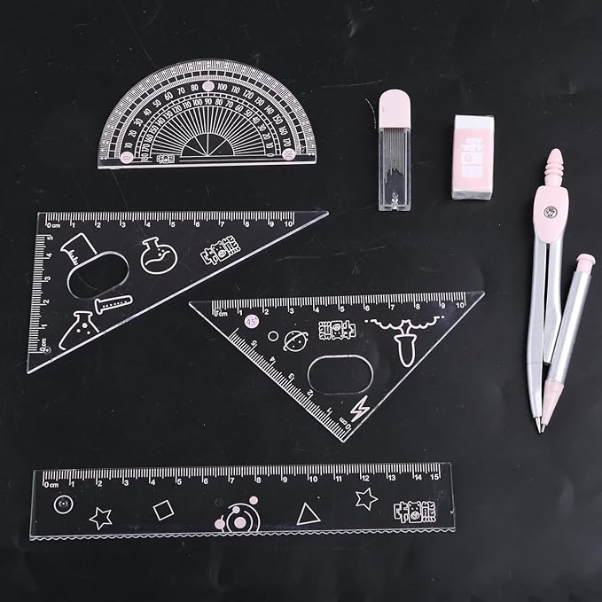 7Pcs Pink Geometry Math Drawing Set with Compass, Protractor, Rulers, Drafting Tools in Portable Box for Students