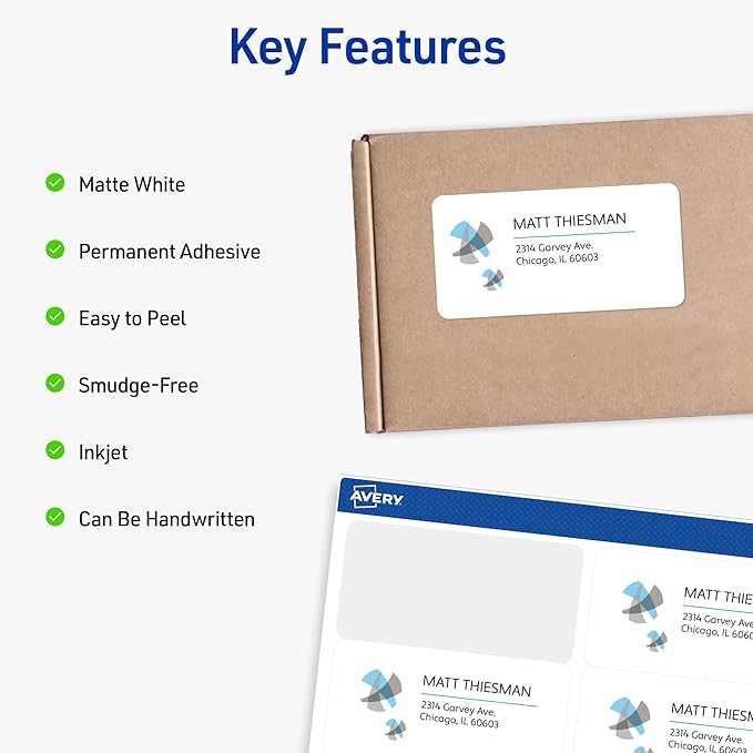 Avery Printable Shipping Labels with Sure Feed, 2" x 4" Customizable Stickers, White, 250 Blank Mailing Labels, Great for Mailing, Shipping, and More (8163)
