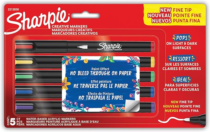 Sharpie Creative Markers, Water-Based Acrylic Paint Markers, Fine Tip, Assorted, 5 Count