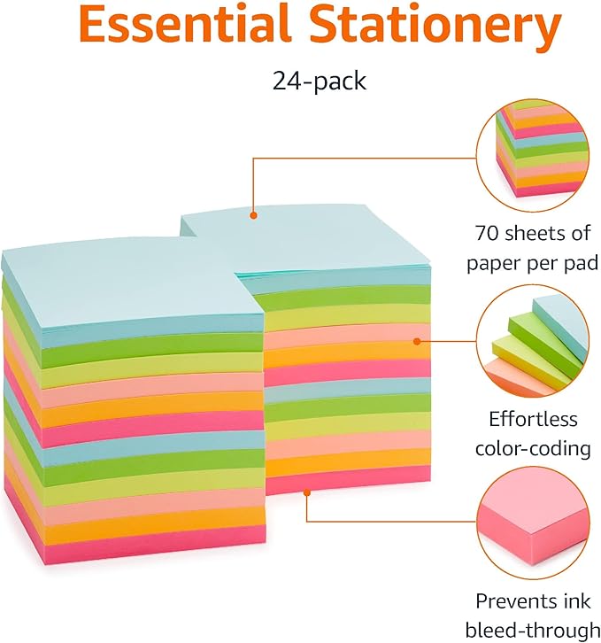 Amazon Basics Square Sticky Notes for Organizing, Reminders, To Do Lists, Clean Removal, 3"x3", 24-Pack, Assorted Colors