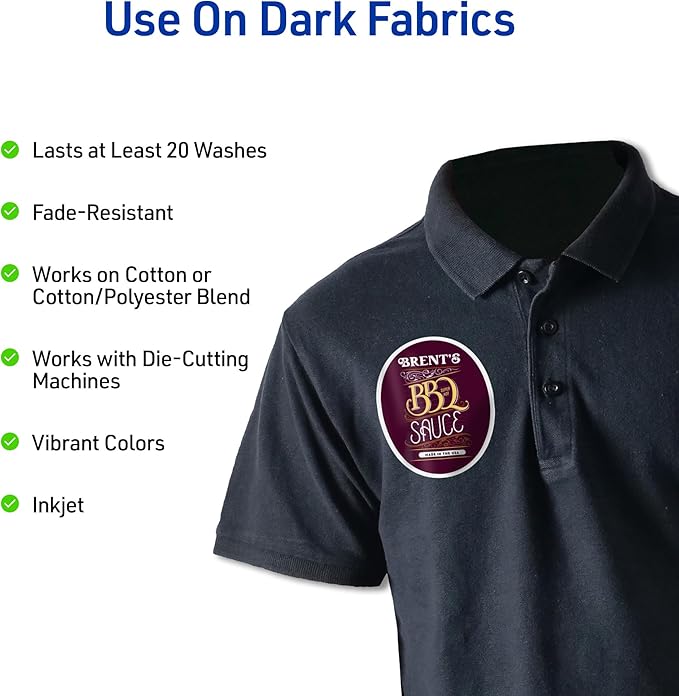 Avery Printable Heat Transfer Paper for Dark Fabrics, 8.5" x 11", Inkjet Printer Compatible, 5 Sheets of Iron On Transfer Paper, Great for Custom Shirts, Uniforms, Gifts, and More (3279)