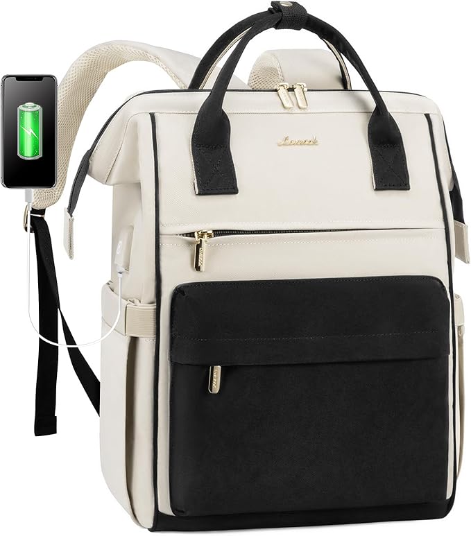 LOVEVOOK Laptop Backpack for Women, 17 Inch Work Teacher Nurse Bag, Large Capacity Business Computer Backpack Purse with USB Port, Stylish Casual Daypack for Travel,Beige&Black