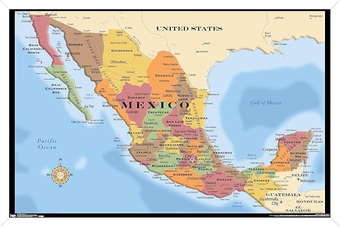 Trends International Map - Mexico Wall Poster, 14.725" x 22.375", White Framed Version