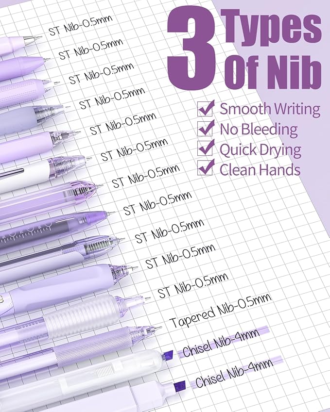 Four Candies Writing Ink Pens with Black & Purple Ink and 2Pack Highlighter Retractable 0.5mm Smooth Fine Point Pens Purple Pens for School Office Girly Stationery Aesthetic Desk Accessories Set of 14
