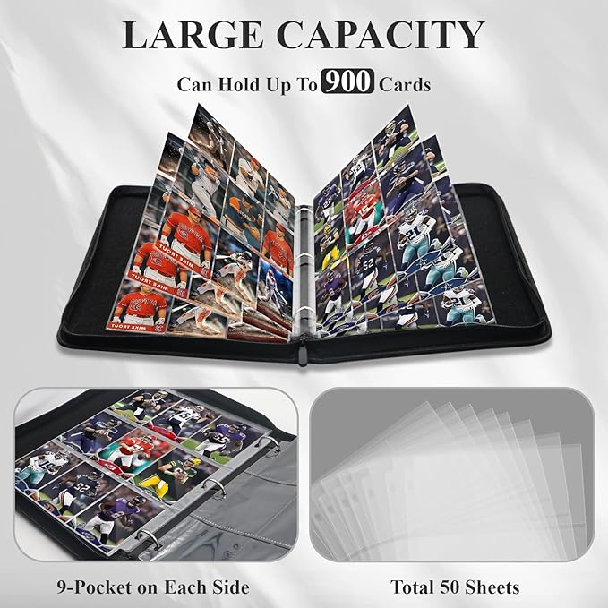 Trading Card Binder 9 Pocket, Toploader Binder with 900-Capacity Double-Sided Sleeves, Top Loader Binder for Cards, Baseball, Football, Sports, MTG, TCG Collector Album.