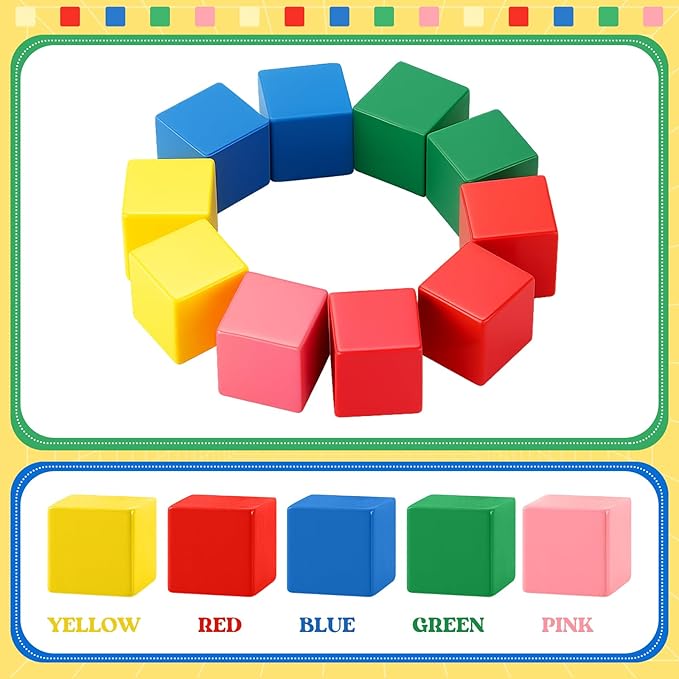 Deekin 100 Pcs Wooden Cube Blocks Bulk 5 Color Geometric Solid Mini 3D Shape 0.7 Inch Math Teaching Building Stacking Block for Classroom Learning Block Creative Play DIY Craft