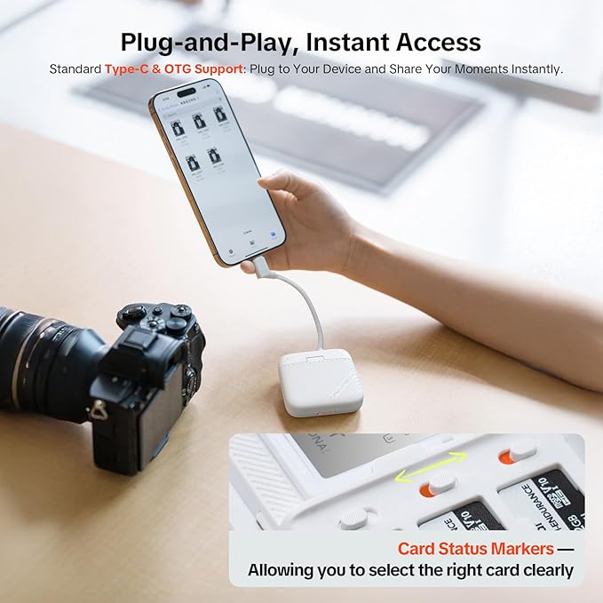 PGYTECH CreateMate Mini SD Card Reader Case, High-Speed 2-in-1 UHS-II SD/Micro SD Card Reader with Storage Portable, Dual-Slot Transfer/USB 3.1/Type-C for Travel/Content Creators/Drone Filming, White