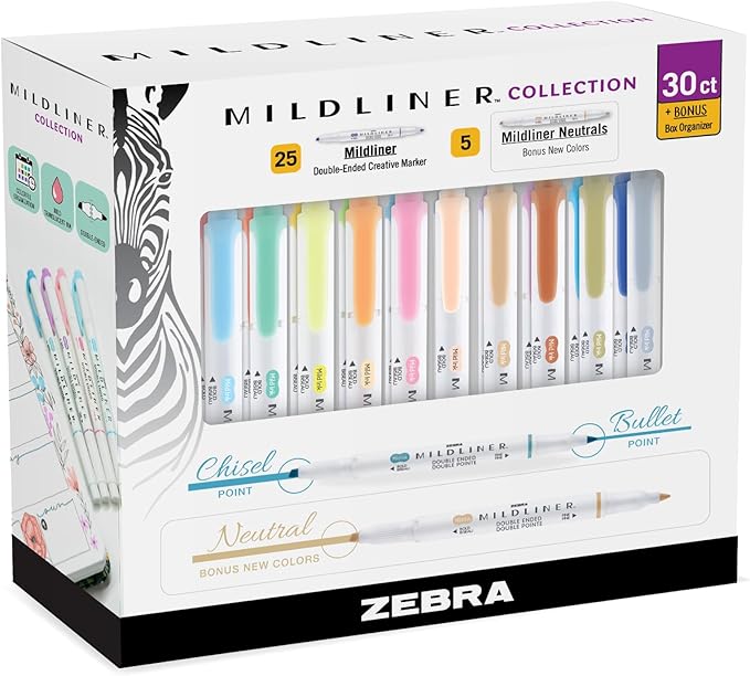 Zebra Pen Mildliner Double-Ended Highlighter Set, Broad and Fine Point Tips, Ideal for Bible Highlighting, No Bleed, 30 Pastel and Neutral ink Colors, Pack of 30